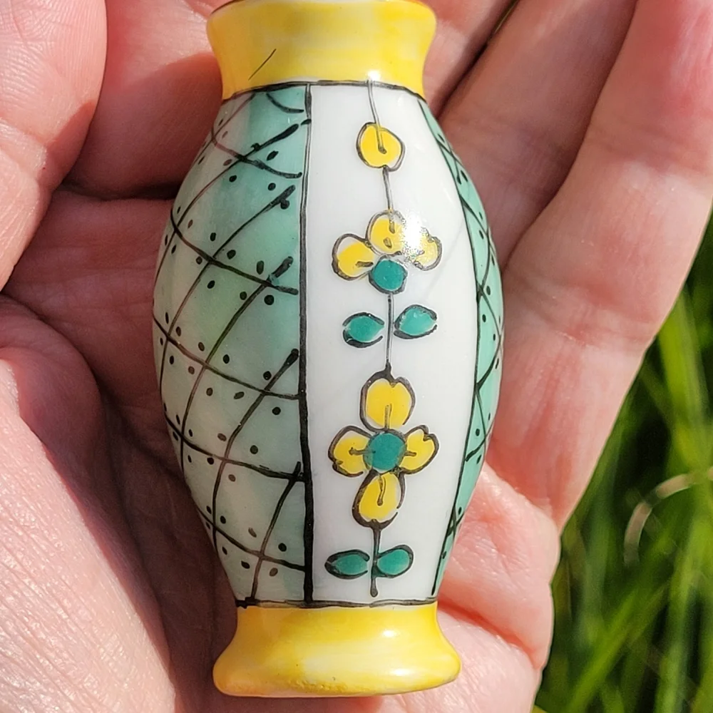 Limoges Vintage Mini Vase ~ Made in France ~ Pretty Green w/ Yellow Flowers